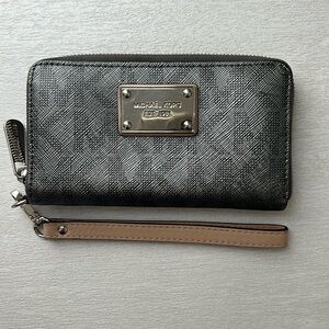 Michael Kors Gunmetal Silver Metallic mirrored MK Logo zip around wallet